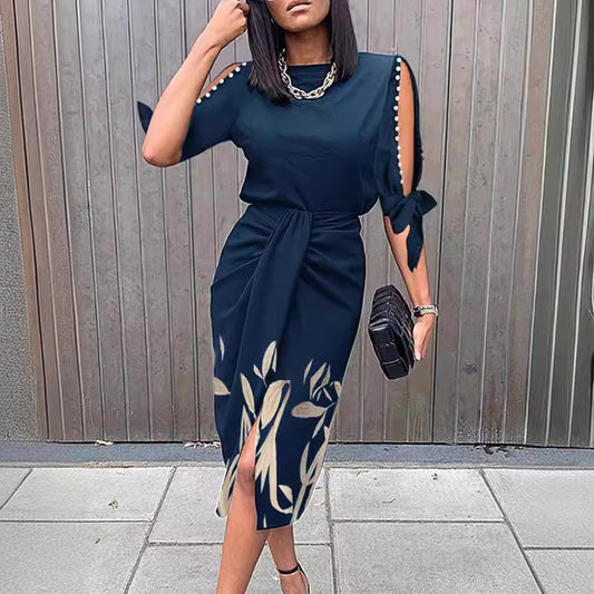 Elegant midi dress for women with stylish cut-out sleeves Ivyshape