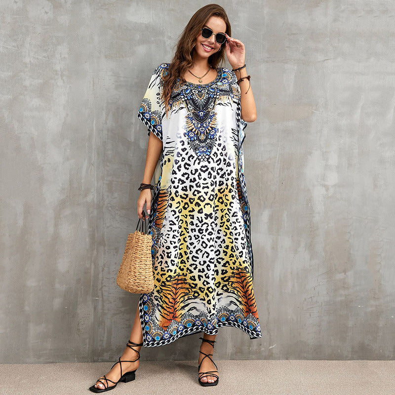 Women's beach kaftan with artistic animal motif and luxurious details Ivyshape