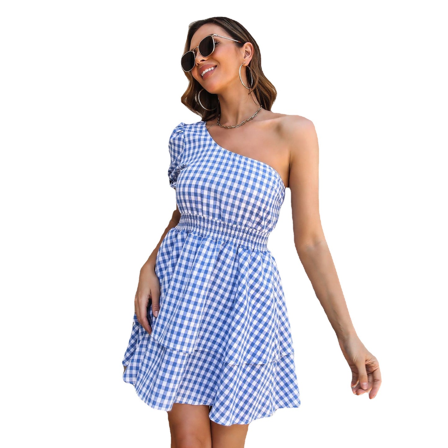 Ladies Long Sleeve Dress with One-Sided Strap and Casual Checkered Pattern Ivyshape