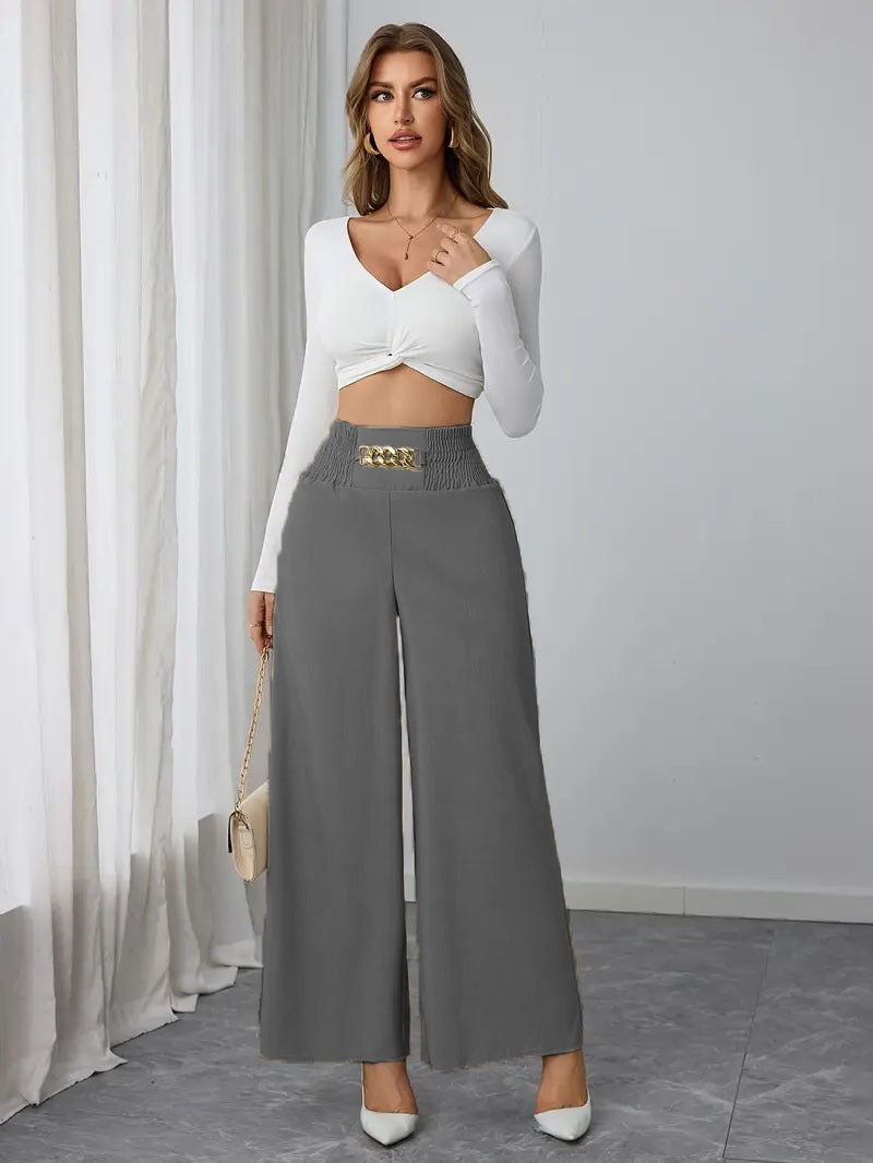 Women's Wide Trousers with Ruffle Details and Stylish Belt Design Ivyshape