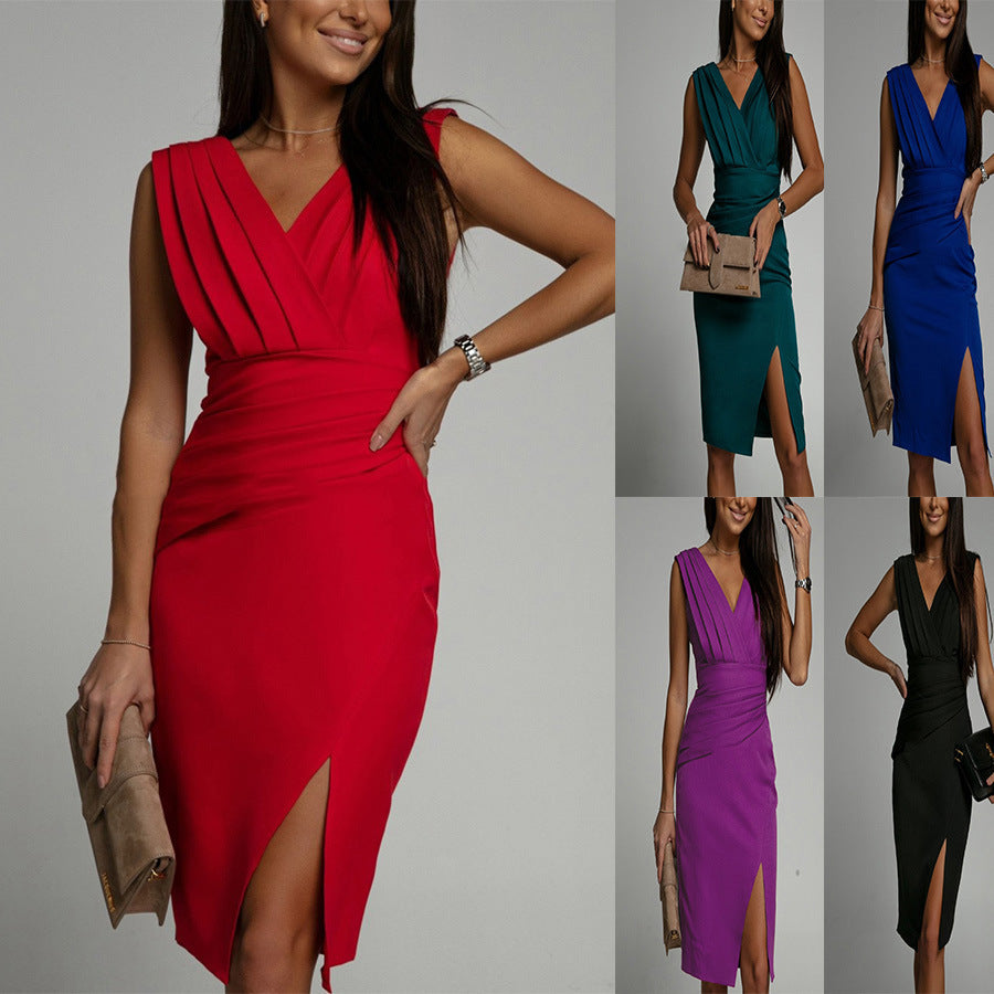 Women Figure-Flattering Cocktail Dress with Sophisticated Pleats and Seductive Slit Ivyshape