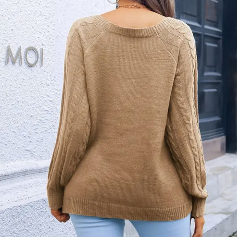 Women elegant sweater with cable pattern and decorative button details Ivyshape
