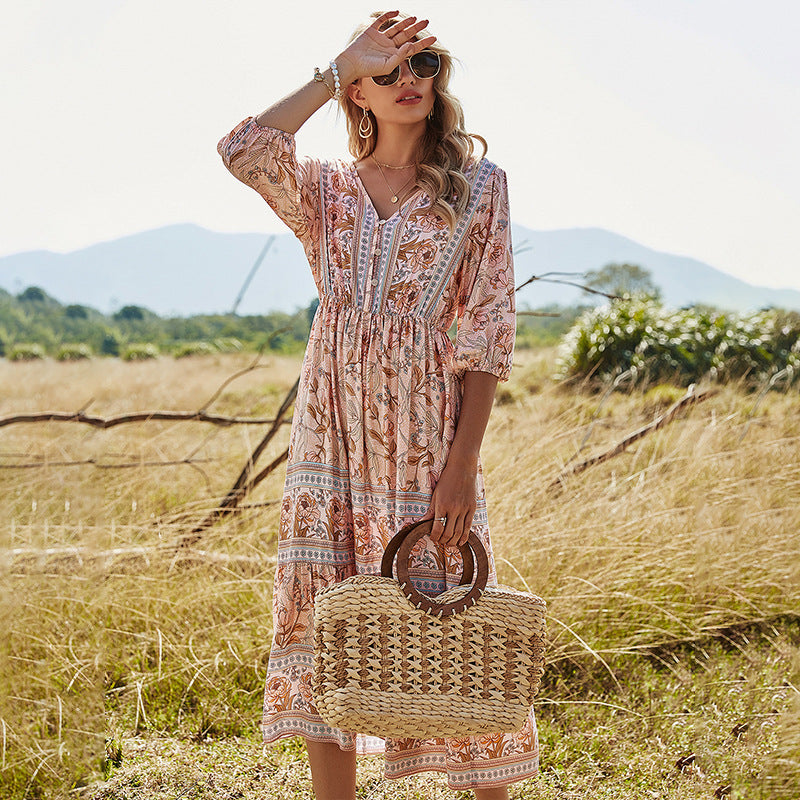 V-neck high-waisted bohemian dress mid-length a-line dress