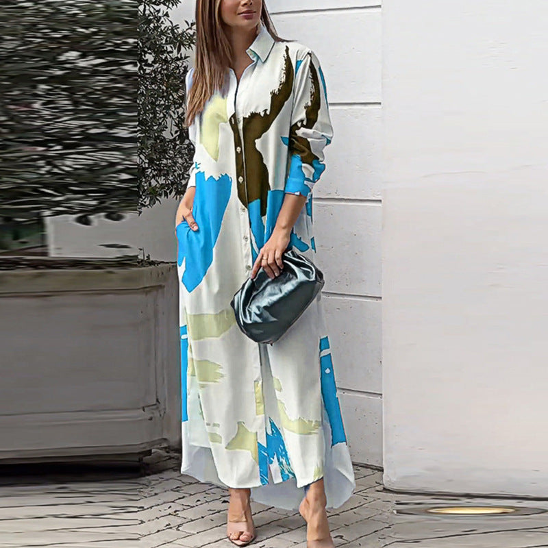 Women Artistic Print Long Shirt Dress Ivyshape