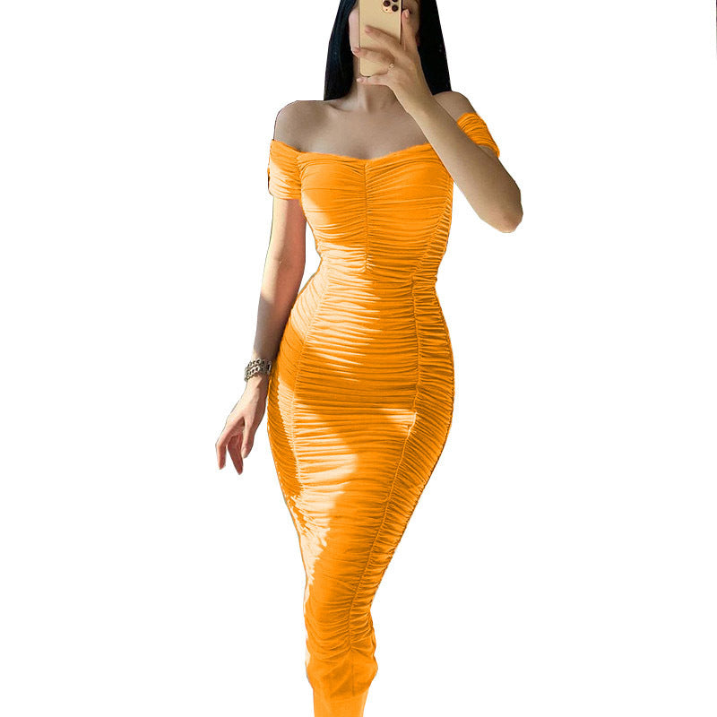 Women's fitted evening dress with off-shoulder design Ivyshape