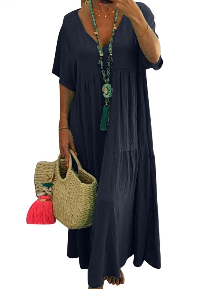 Women's airy boho maxi dress with flouncy hem and deep V-neck Ivyshape