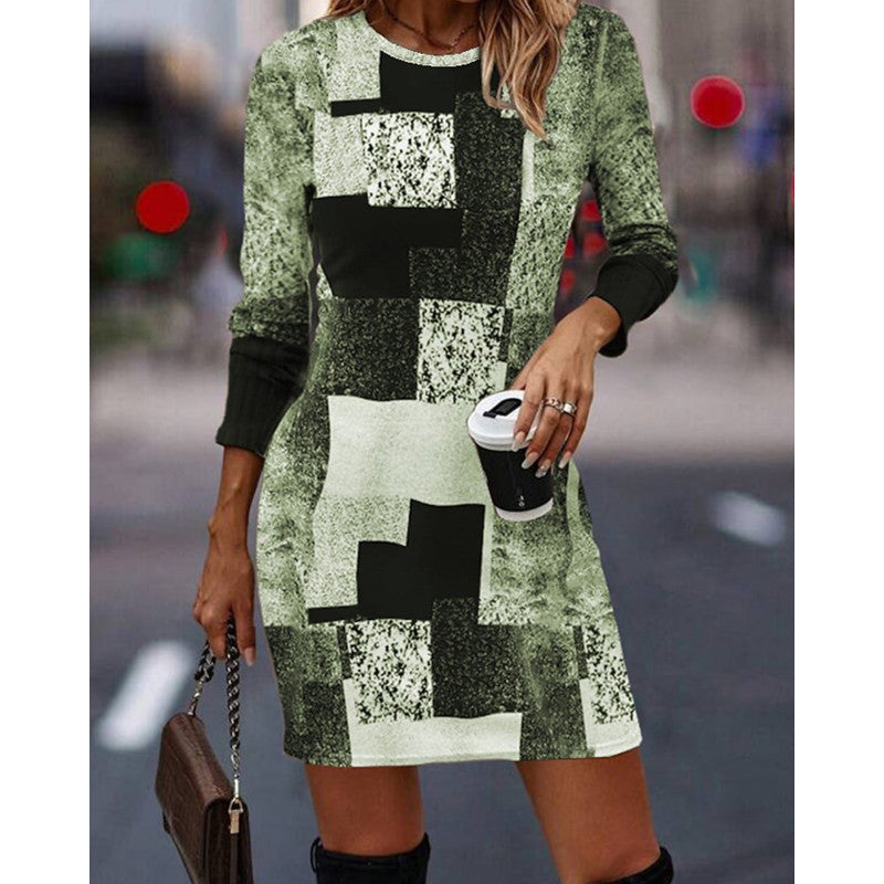 Women's knit dress with modern geometric pattern and long sleeves Ivyshape