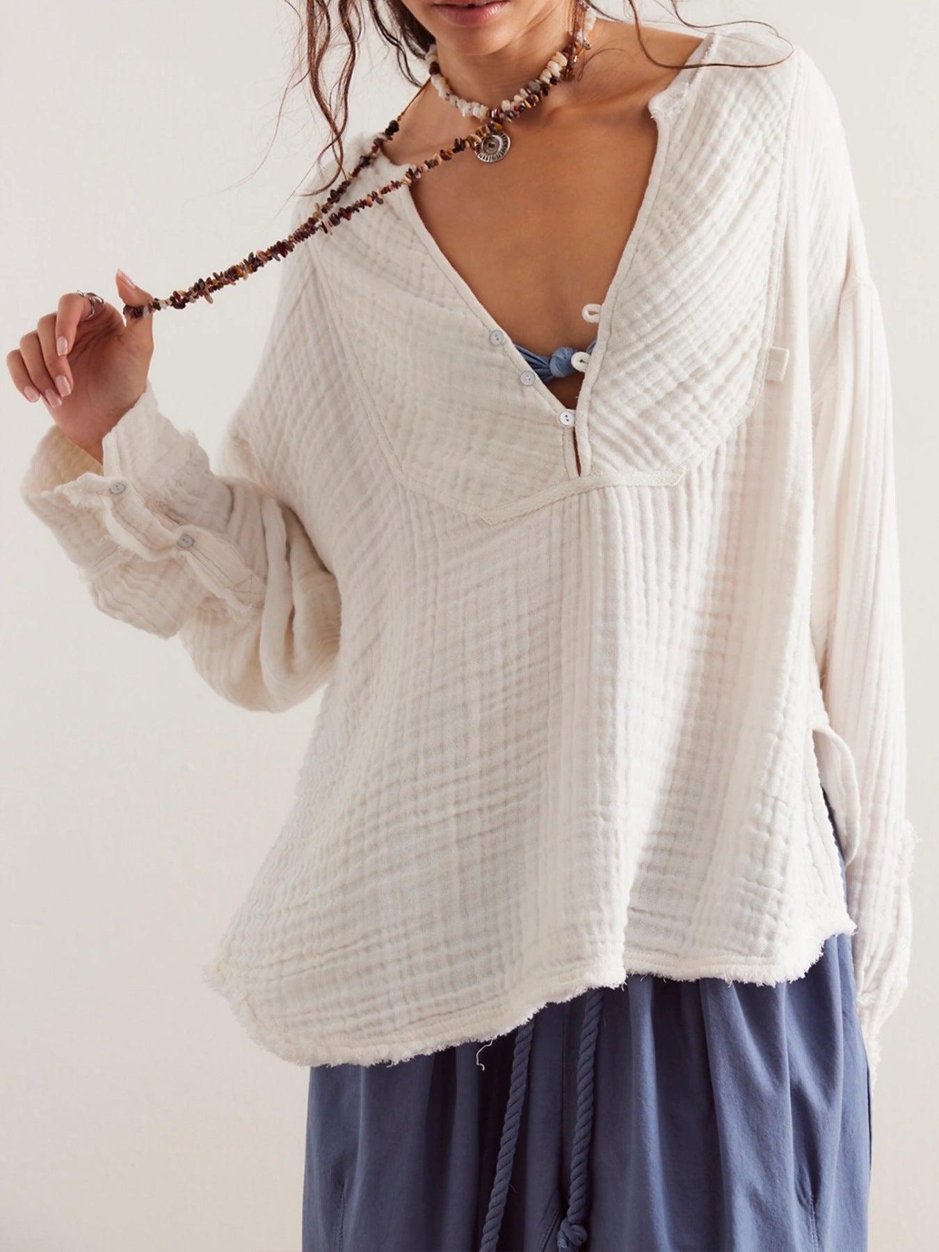 IvyShape | V-Neck Split Cotton Wrinkled Loose Long Sleeve Shirt