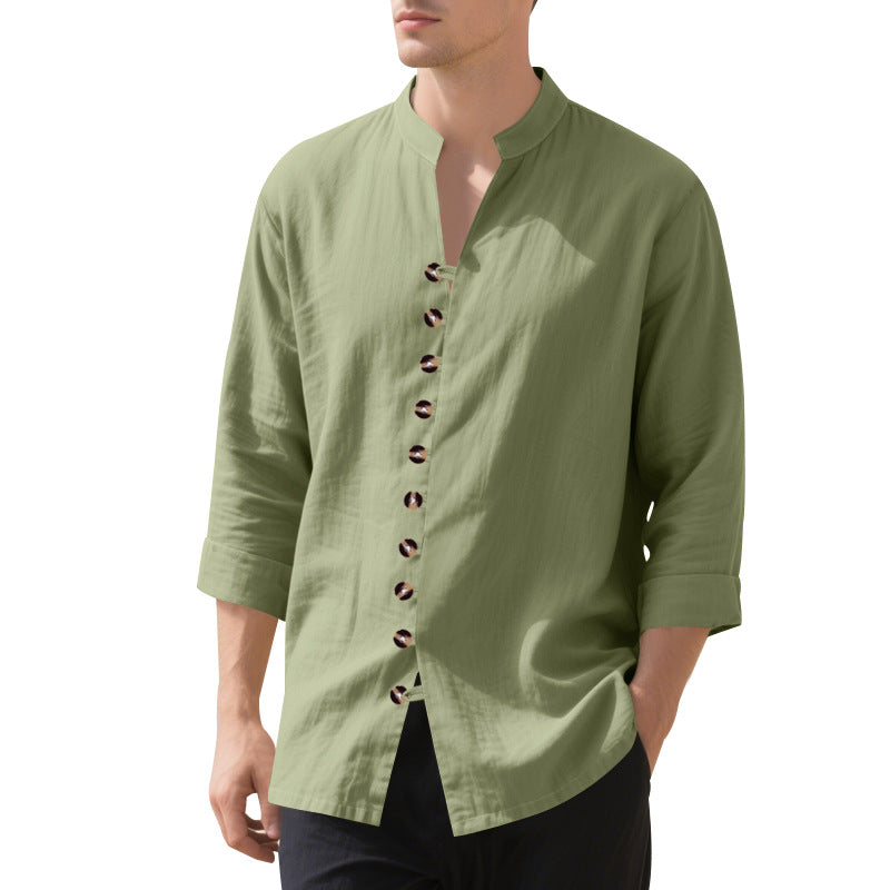 Men's stylish long-sleeve shirt with fashionable stand-up collar and unique button detail Ivyshape