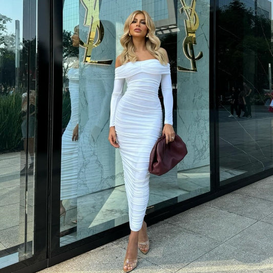 Women figure-hugging maxi dress with off-shoulder design and gathering Ivyshape