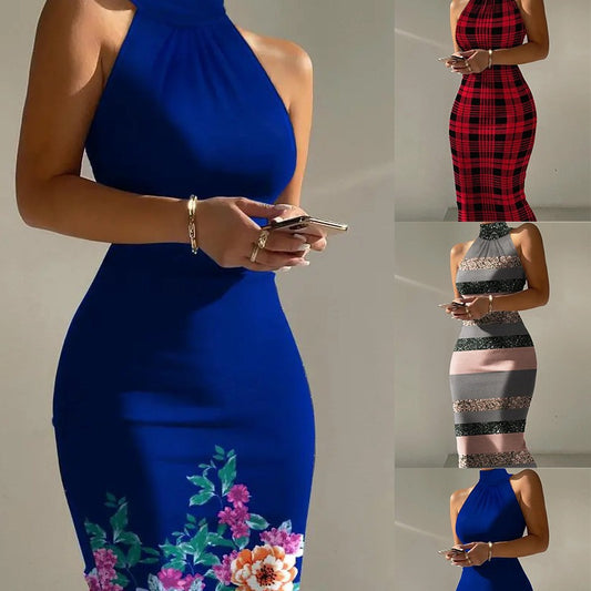 Women Figure-Flattering Maxi Dress with High Neckline and Modern Striped Pattern Ivyshape