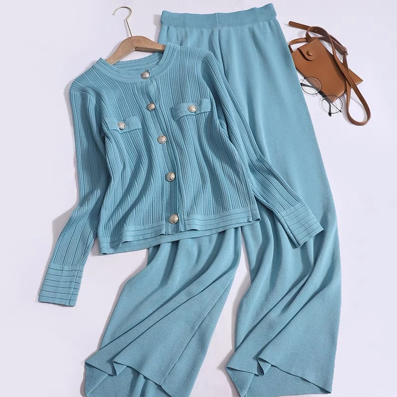 IvyShape | Long sleeve cardigan and wide cut pants set