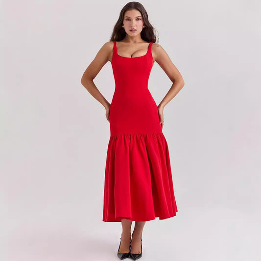 Women Figure-hugging Dress with Flowing Skirt and Off-shoulder Straps Ivyshape
