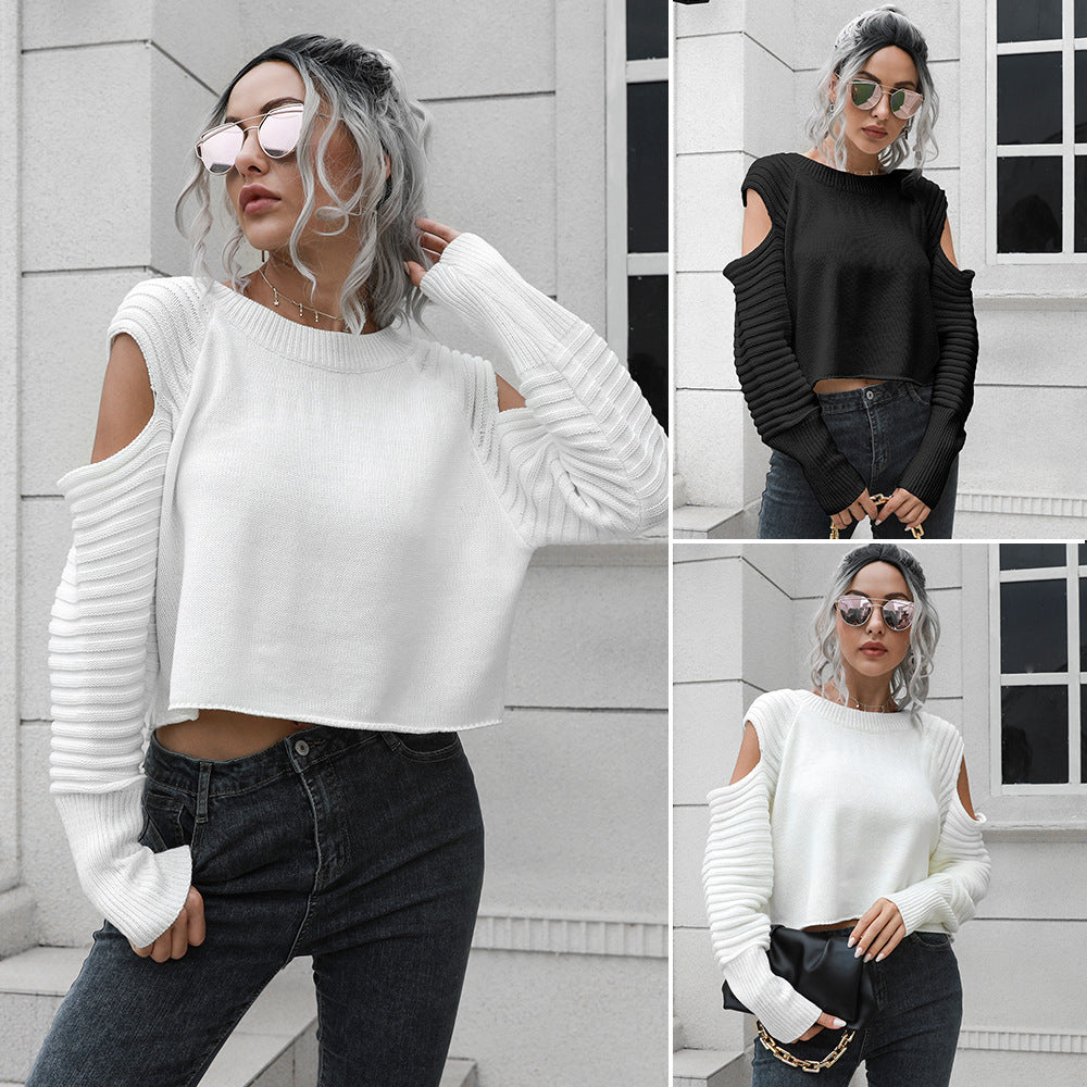 Women's Cropped Sweater with Open Shoulder and Rib Knit Pattern Ivyshape