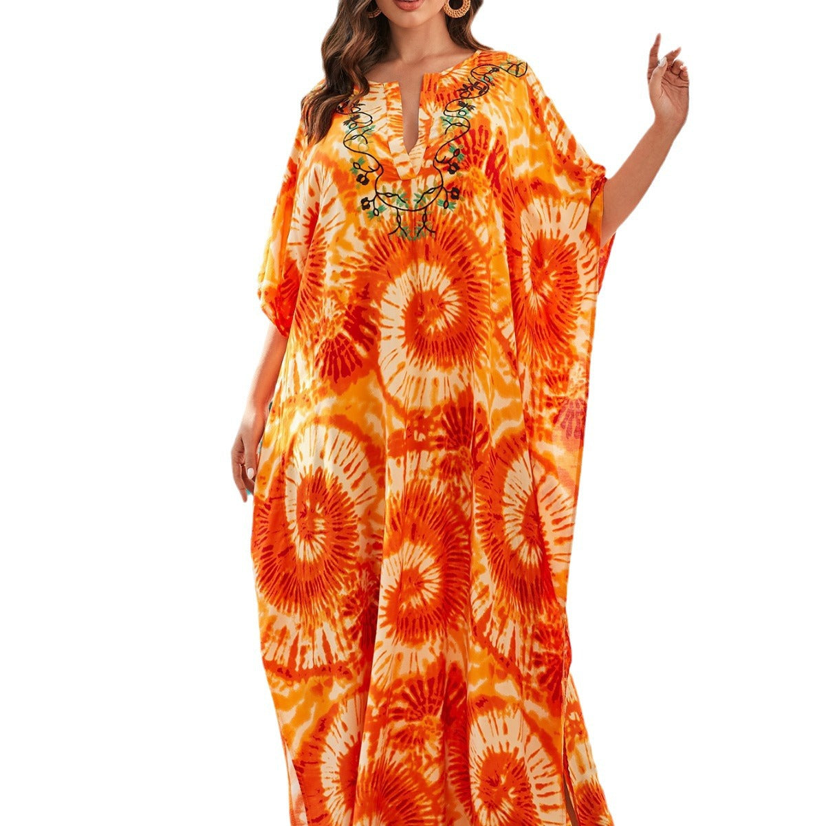 Women's beach kaftan with elaborate spiral pattern and airy silhouette Ivyshape
