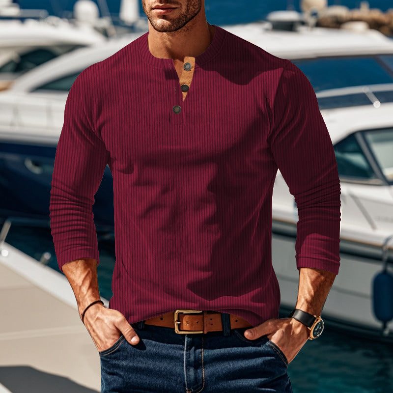 Men's Long Sleeve Henley Shirt with Textured Design and Button Details Ivyshape