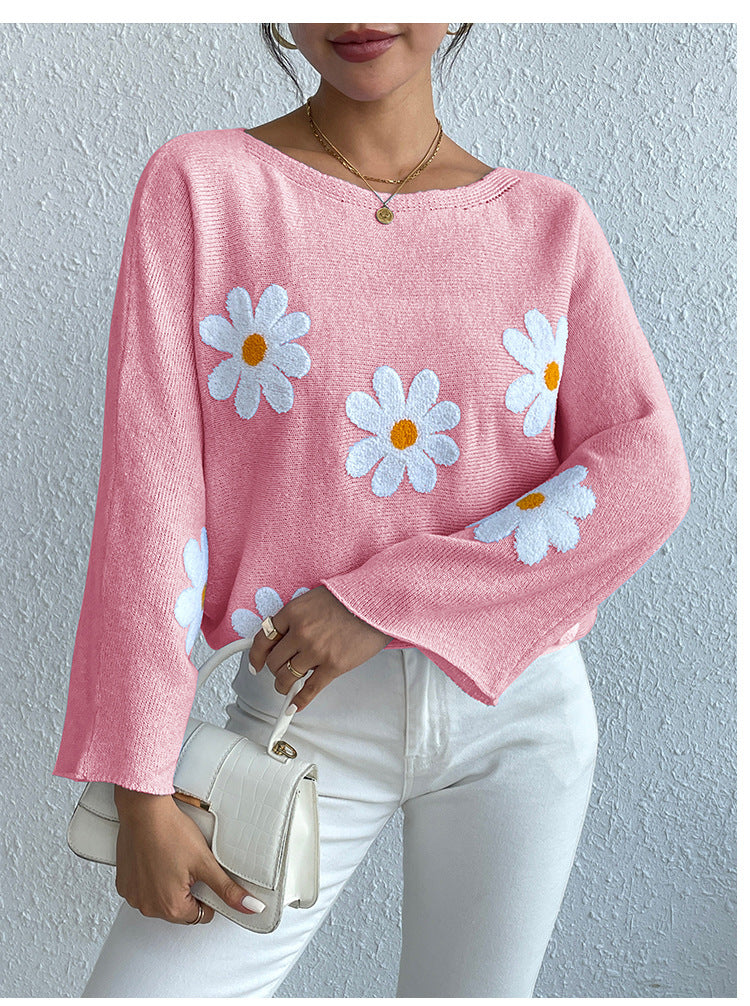 IvyShape | Floral Embroidery One-Shoulder Pullover Sweater