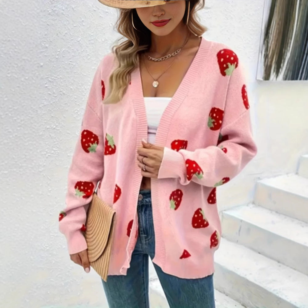Ladies cardigan with cheerful strawberry pattern and soft material Ivyshape
