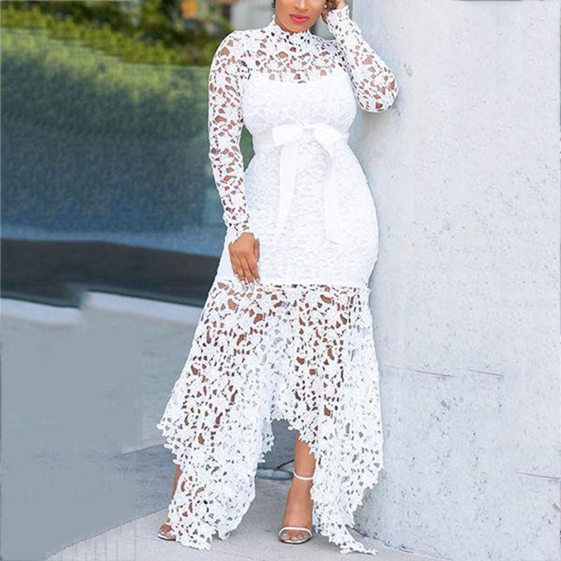 IvyShape | Lace Hollow Stand Collar Irregular Long Sleeve Dress