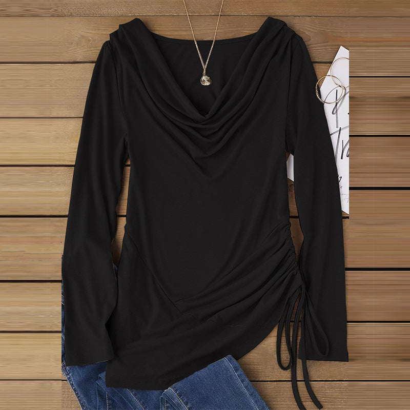 IvyShape | V-Neck Drawstring Long Sleeve Draped Solid Color T-Shirt