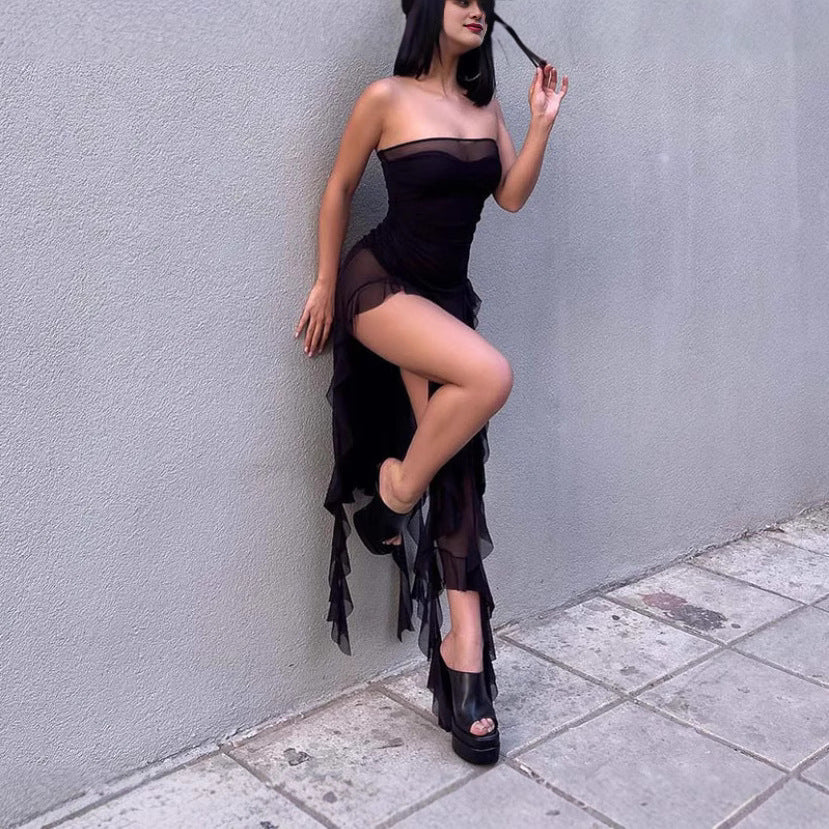 Women Elegant Strapless Maxi Dress with Transparent Ruffles Ivyshape