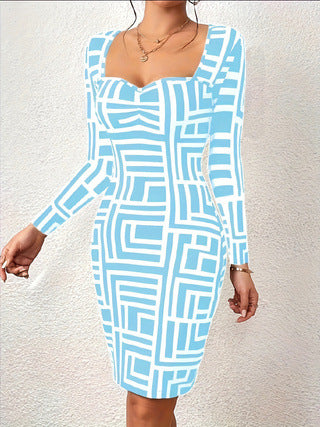 Women's Fitted Long Sleeve Dress with Geometric Pattern and Creative Neckline Ivyshape