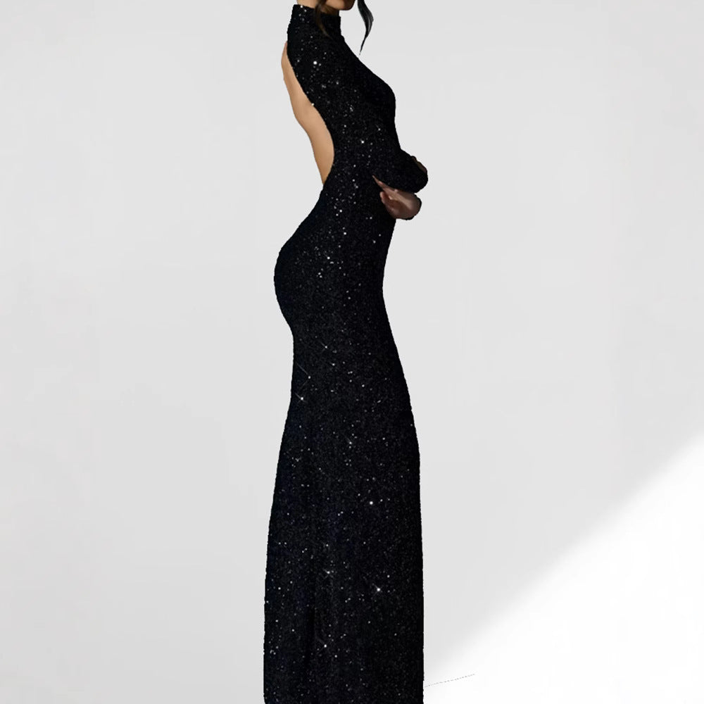 Women Elegant Glitter Maxi Dress with High Slit and Long Sleeves Ivyshape