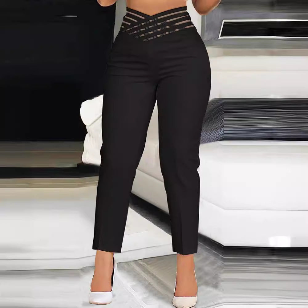 Women stylish high-waist pants with transparent grid waistband Ivyshape