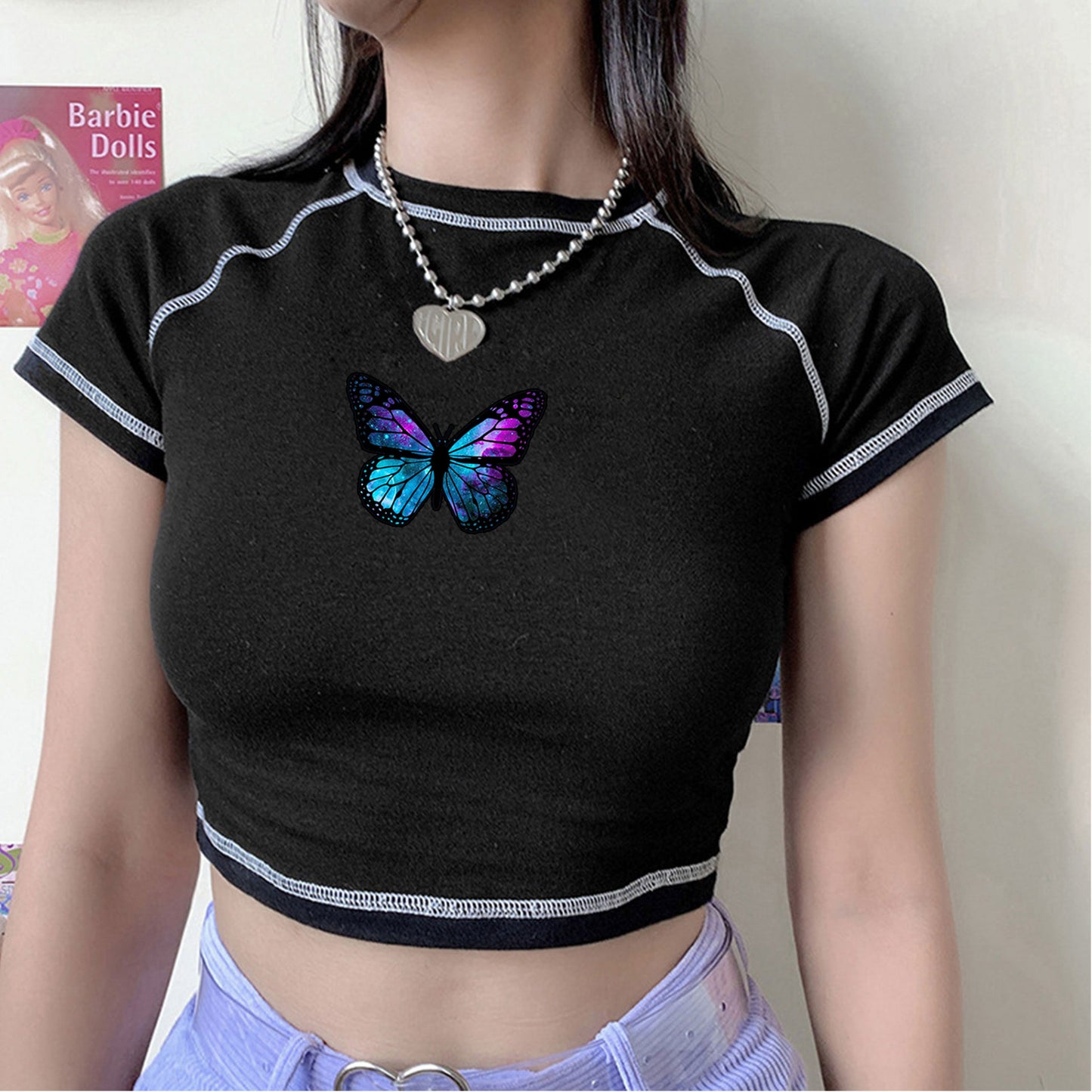 Ladies stylish organic crop top with butterfly print Ivyshape