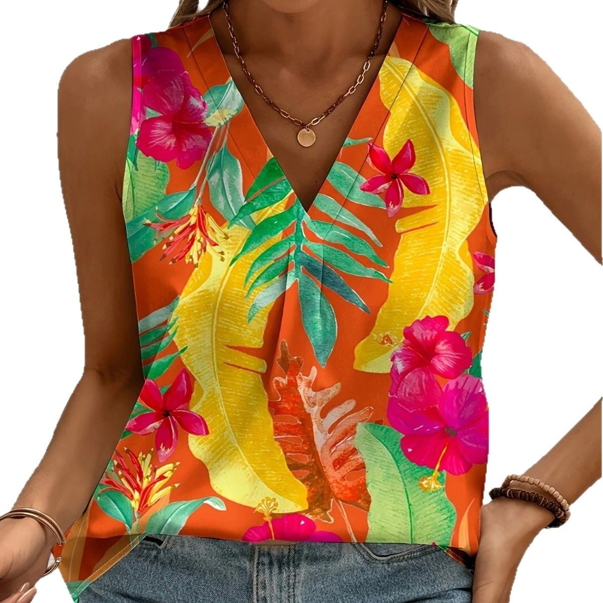 Women Viscose Top with Tropical Flower Pattern and V-Neck Ivyshape