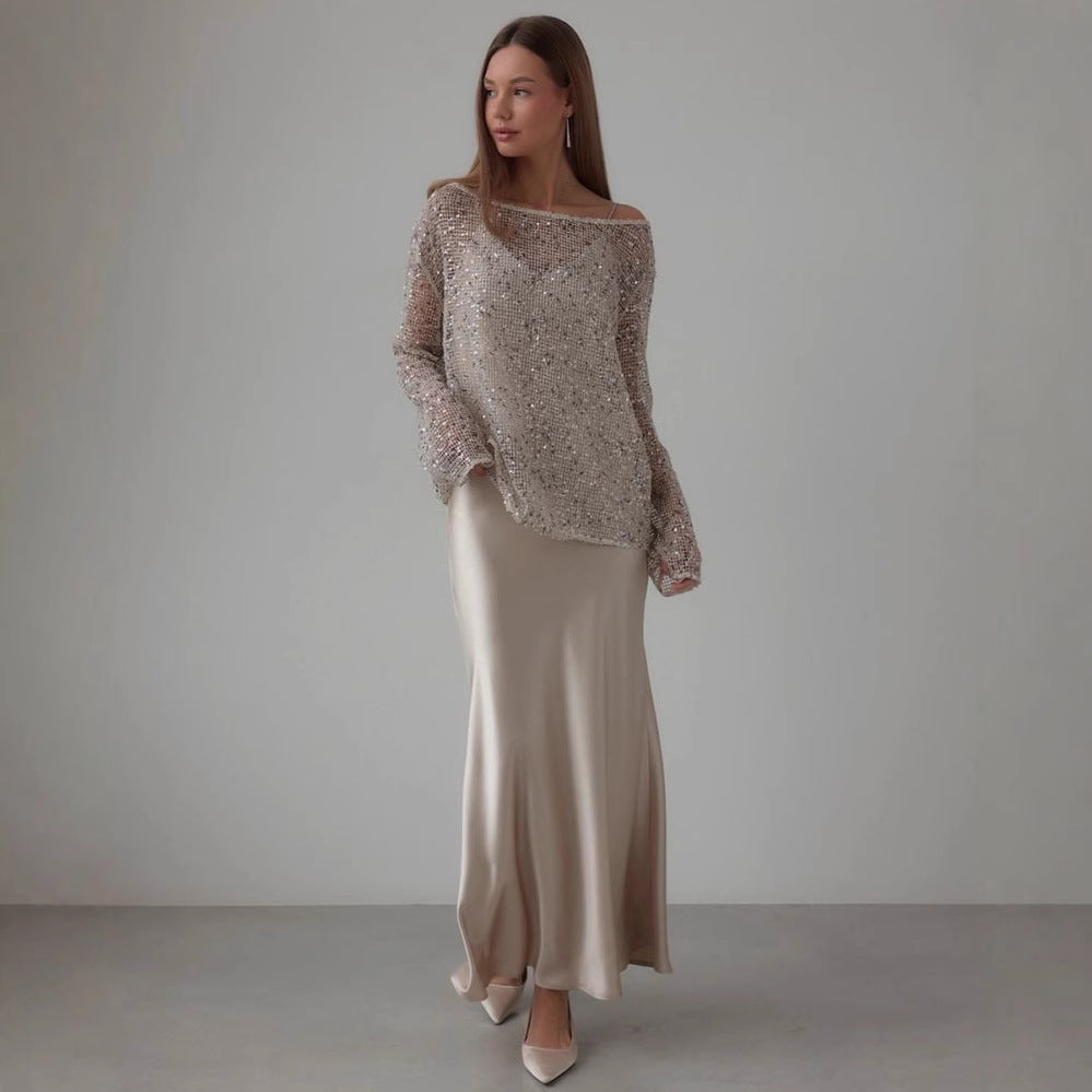 Women's Sparkling Evening Blouse with Asymmetrical Cut Ivyshape