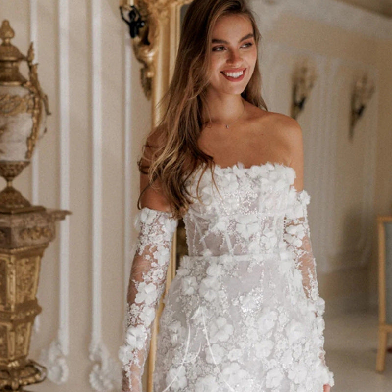 Women's Elegant Boho Wedding Dress with Floral Design and Long Sleeves Ivyshape