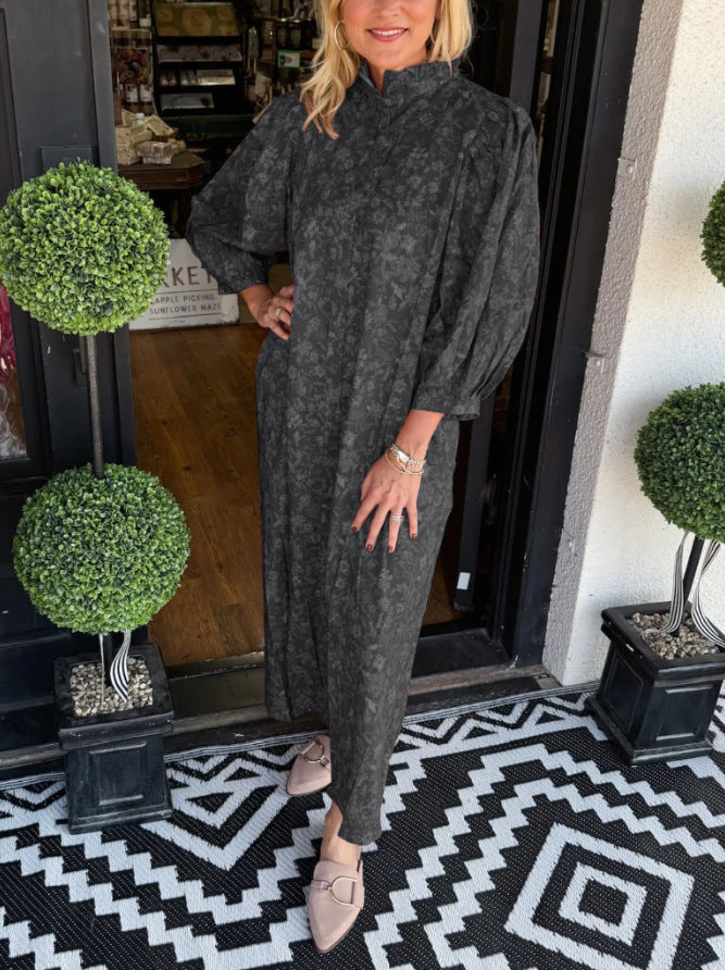 Women Elegant Maxi Dress with Stand Collar and Wide Sleeves Ivyshape