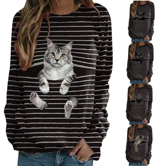 IvyShape | Playful Cat Print Striped Women's T-Shirt