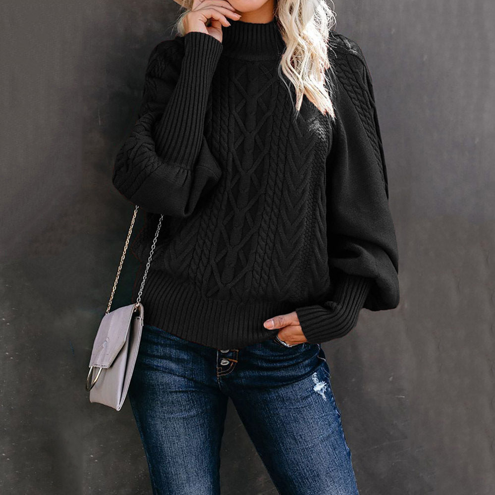 Ladies fashionable knitted sweater with high collar and voluminous sleeves Ivyshape