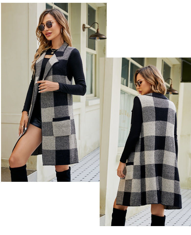 IvyShape | Western collar sleeveless check jacquard waistcoat