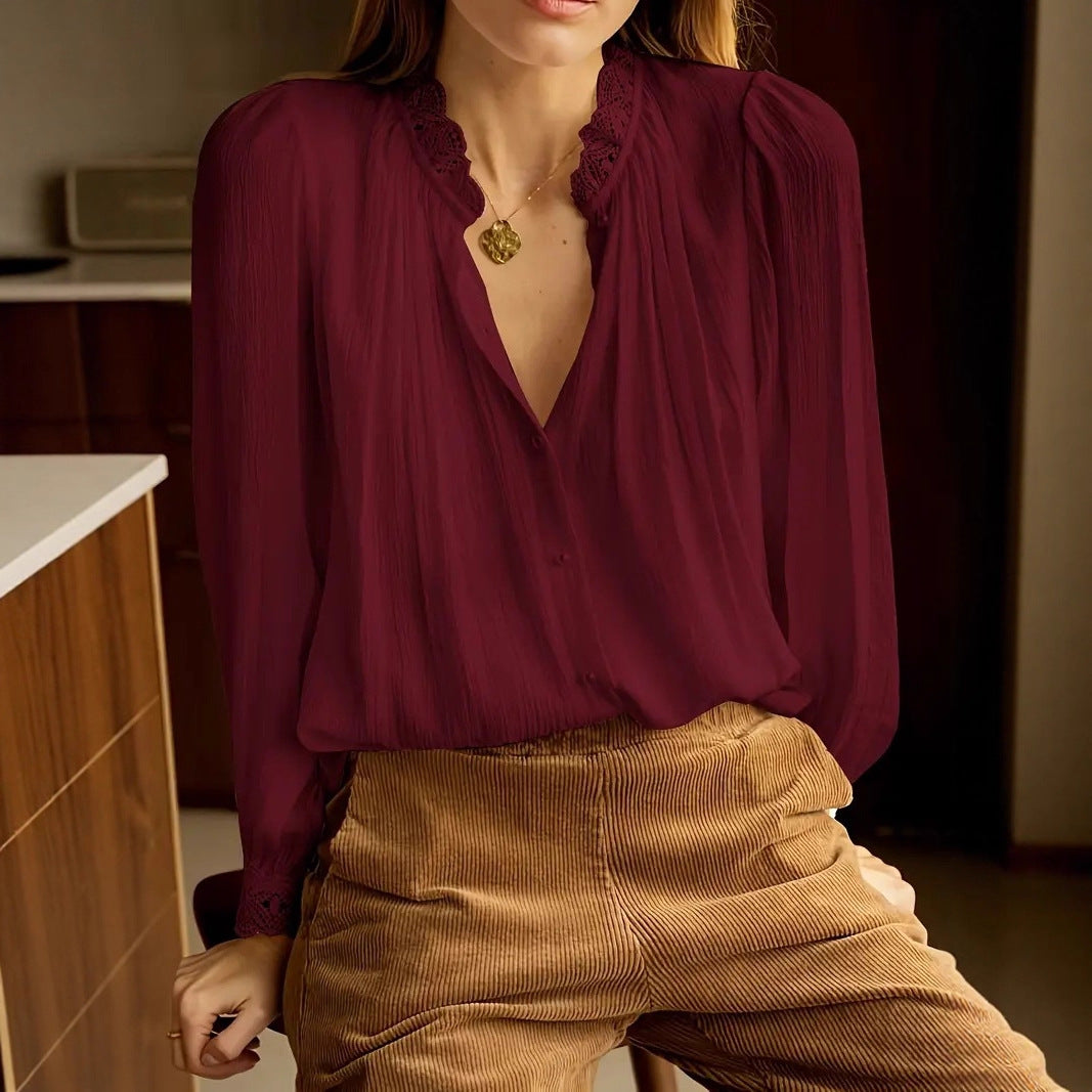 Women Chiffon blouse with romantic lace trims Ivyshape