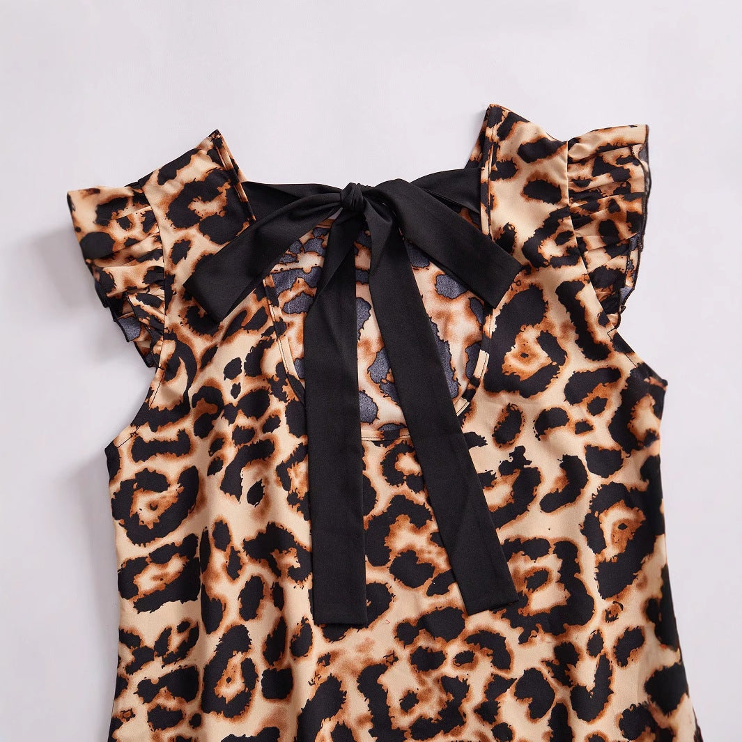 IvyShape | Leopard Print Neckline Tie Flying Sleeve Midi Dress