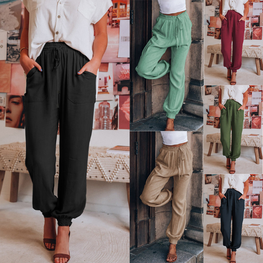 Women's Comfortable and Casual Pants with Elastic Waistband and Versatile Pockets Ivyshape