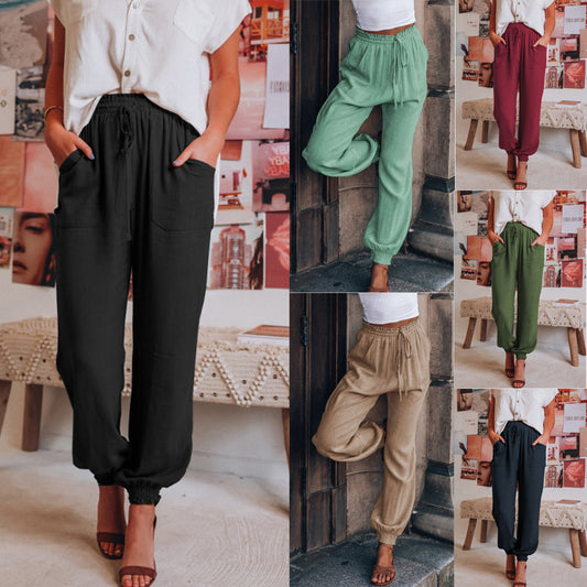 Women's Comfortable and Casual Pants with Elastic Waistband and Versatile Pockets Ivyshape