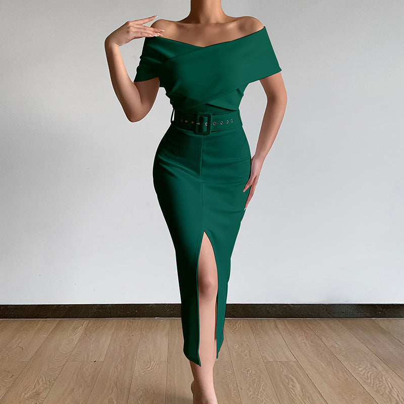 Women's Off-Shoulder Bodycon Midi Dress with Belt Ivyshape
