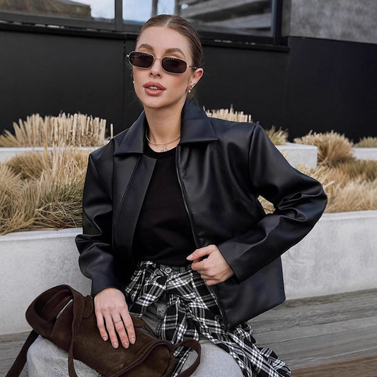 Women Faux Leather Jacket with Simple Cut and Decorative Collar Ivyshape