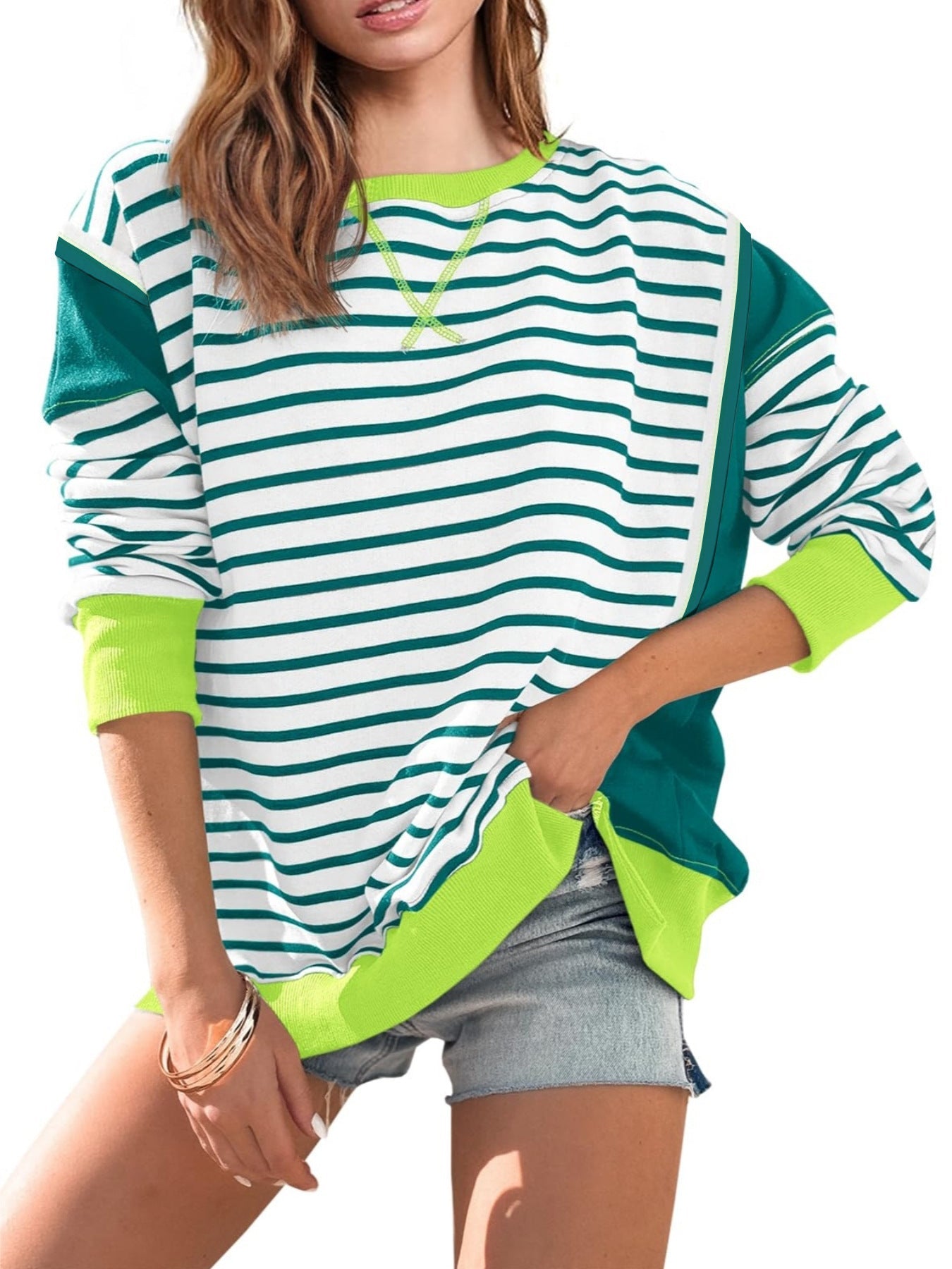 IvyShape | Striped Contrast Neck Sweatshirt Long Sleeve T-Shirt