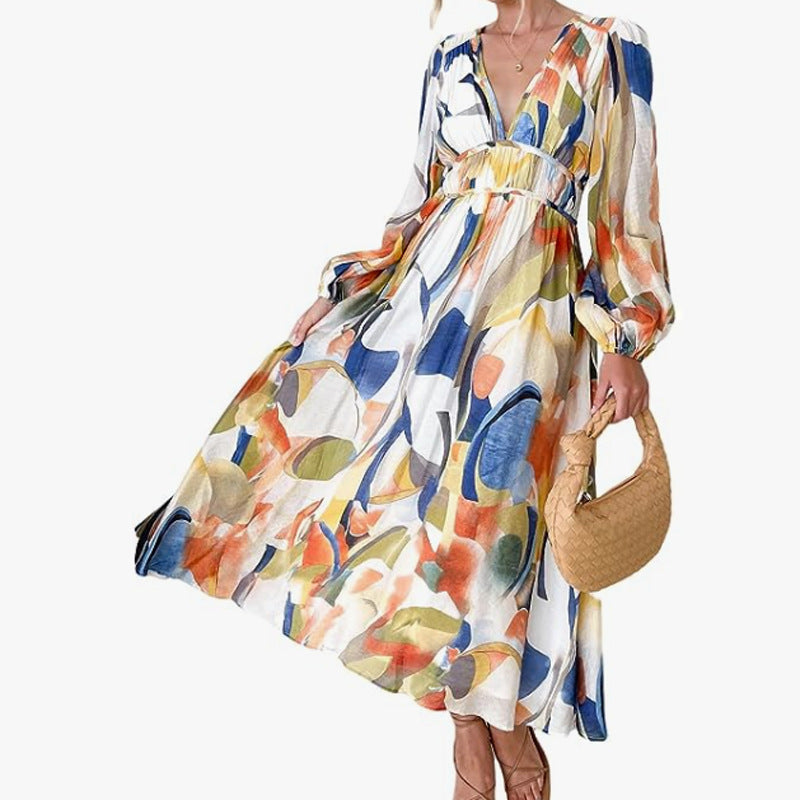 Ivyshape | Women’s Printed V-Neck Long Sleeve Summer Maxi Dress