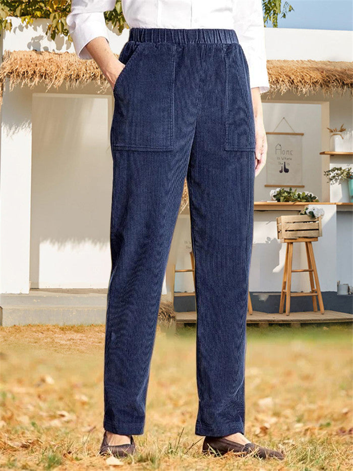 Women's corduroy pants with elastic waistband and practical pockets Ivyshape