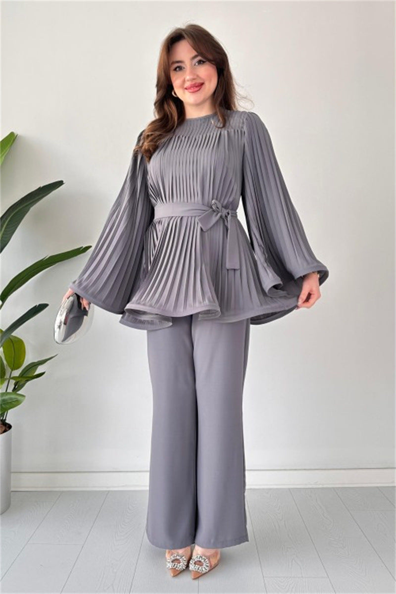 IvyShape | Tie-Waist Pleated Loose Top Wide Leg Pants Set