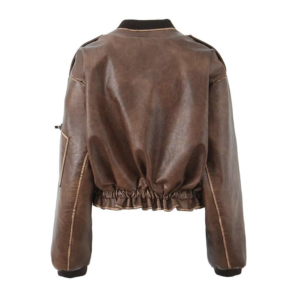 Women Faux Leather Biker Jacket with Elegant Stripe Details Ivyshape
