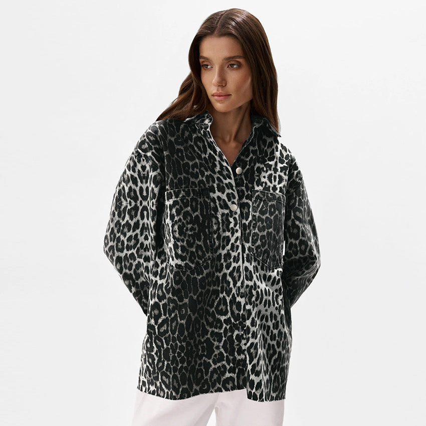 Women Fashionable Leopard Print Overshirt with Pockets Ivyshape