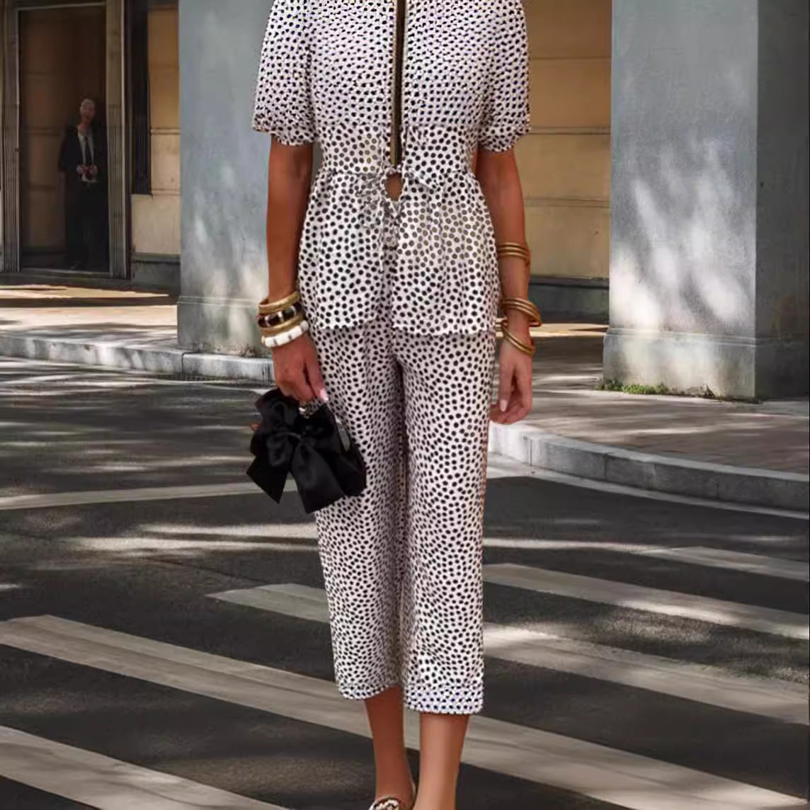 Women Elegant Set with Puff Sleeves and Patch Pockets Ivyshape