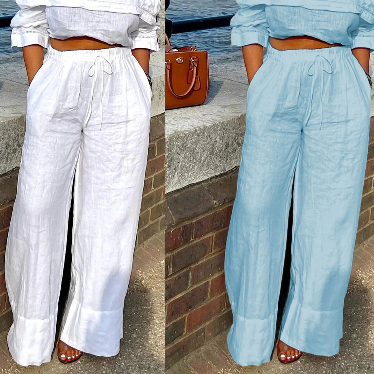 Ladies Loose Linen Trousers with Elastic Waistband and Practical Side Pockets Ivyshape